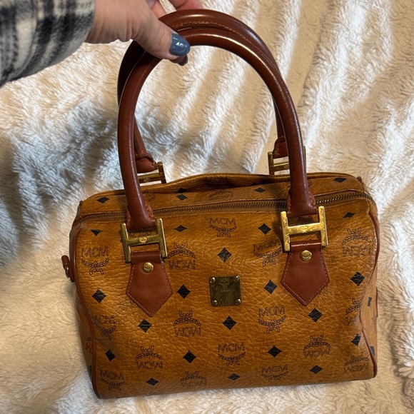 MCM Handbags - MCM Visetos Cognac Boston Bag with Gold Accents - Made in Italy - GUC